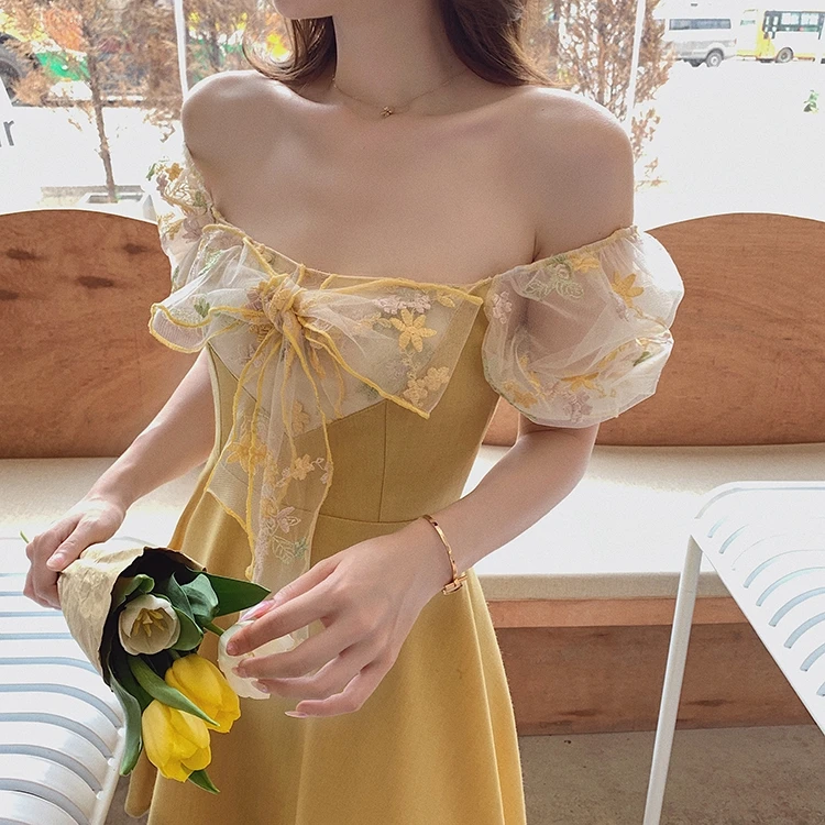 

2020 Summer Babydoll Dress French Literary Vintage Mesh Sexy Strapless Prom Party Fairy Mini Vestido Young Loose Women's Clothes