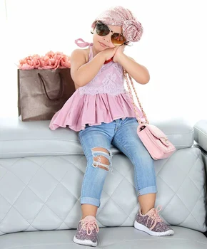 

2PCS Baby Girl Sleeveless Halter Bandage Ruffle Top Hole Pants Toddler Solid Suit