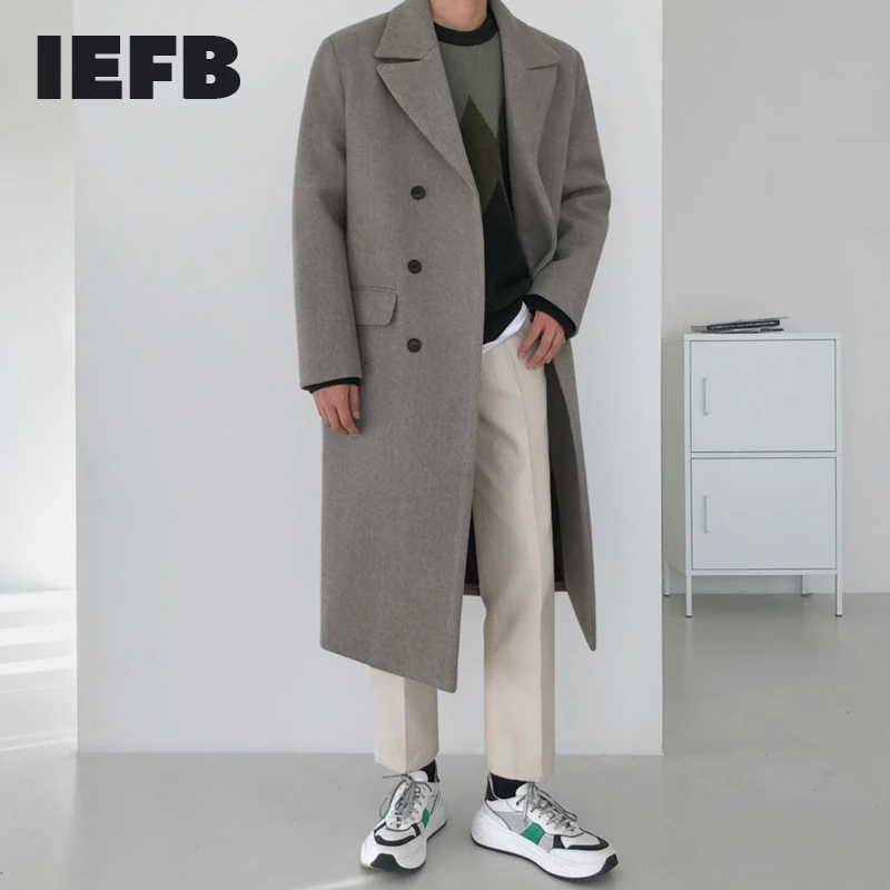 Мужское шерстяное пальто IEFB зимнее двубортное Свободное до колена теплая