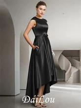 A-Line Mother of the Bride Dress Elegant Jewel Neck Asymmetrical Satin Sleeveless with Bow(s) Pleats 2021