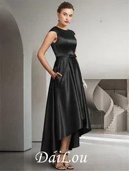 A-Line Mother of the Bride Dress Elegant Jewel Neck Asymmetrical Satin Sleeveless with Bow(s) Pleats 2021