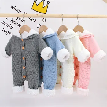 

FOCUSNORM 0-24M Winter Baby Girls Boys Rompers Knit Fur Long Sleeve Single Breasted Solid Hooded Warm Jumpsuits