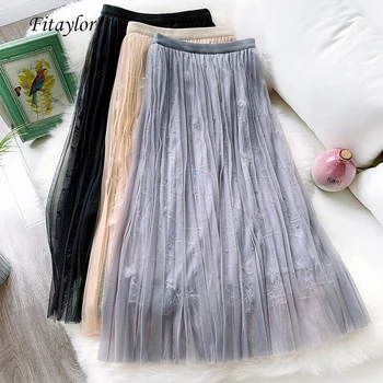 

Fitaylor Summer Women Long Tulle Skirts Floral Embroidery Bead Decoration High Waist Pleated Skirt Slim Tulle Fairy Skirt