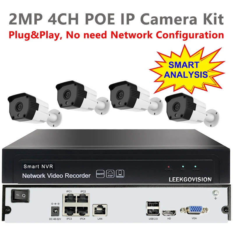 LEEKGOVISION Smart AI Outdoor 1080P 4CH POE IP Camera NVR Kit Waterproof Seucrity CCTV System Surveillance Camera Set LEEKGOVISION Smart AI Outdoor 1080P 4CH POE IP Camera NVR Kit Waterproof Seucrity CCTV System Surveillance Camera Set