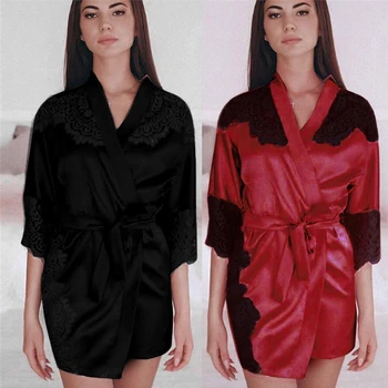 

Women's Sexy Silk Kimono Dress Babydoll Lace Underwear Belt Bathrobe Pajamas Eyelash Lace Stitching Pajamas Women Bathrobe A20