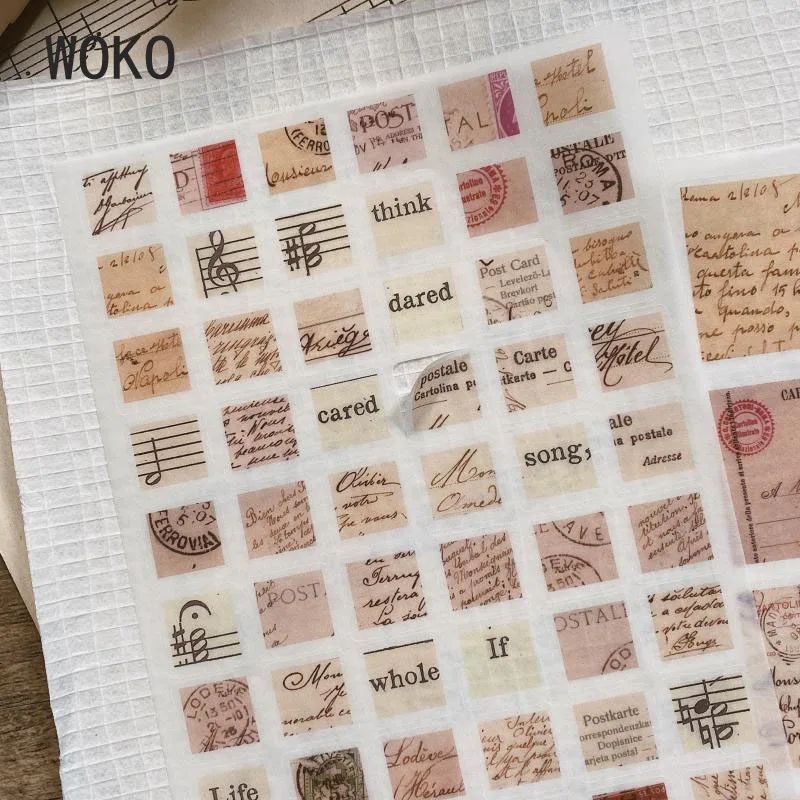 WOKO 4Sheets Retro Stamp Letter Postmark Musical Note Old Handbook Material Deco Die Cut Sticker DIY Bullet Journal Scrapbooking