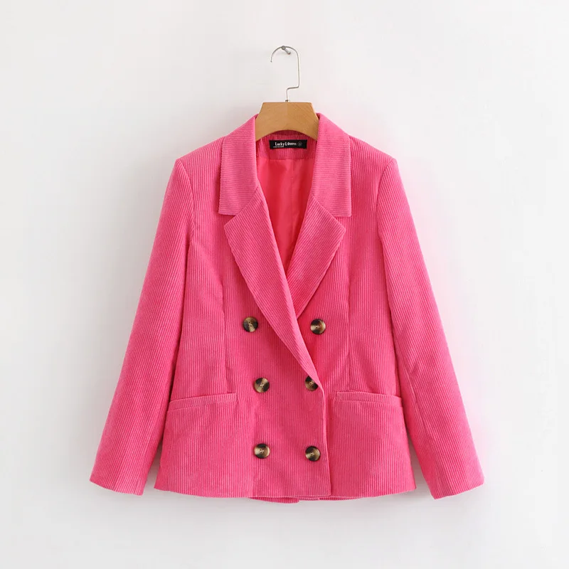 

2019 Spring New Style Western Style Double Breasted Casual Loose-Fit Solid Color Corduroy Suit Jacket