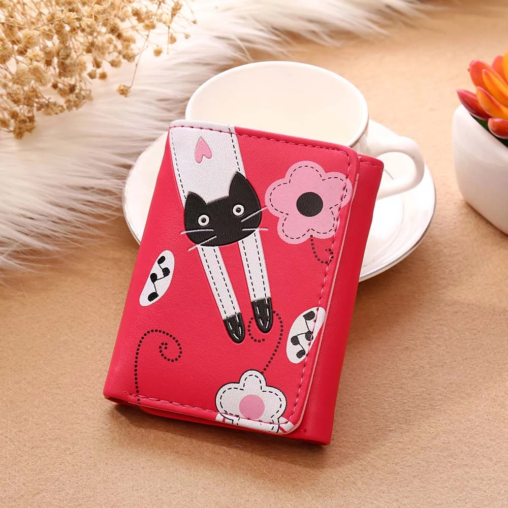 Fashion Charming Nice Women Short Wallet Cat Flowers Pattern Hasp Coin Purse Short Wallet Card Holders Handbag 815