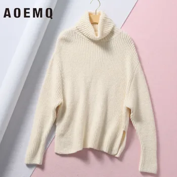 

AOEMQ Fashion Women Sweaters 2 Solid Colors Thick Winter Christmas Present Sweater Simple Split Pullovers Lovers Women Clothing