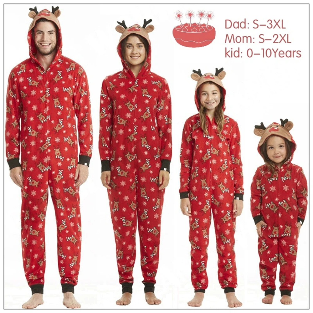 Family Matching Christmas Pajamas Set Elk Romper Jumpsuit Women Men Baby Kids Red Print Xmas Sleepwear Nightwear Hooded Zipper Outfits (13)