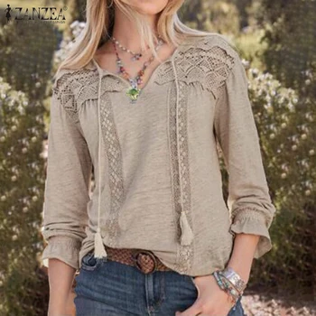 

2020 ZANZEA Women Lace Pacthwork Blouse Spring V Neck Long Sleeve Tops Elegant Solid Work Blusas Casual Tassel Shirt Chemise 5XL