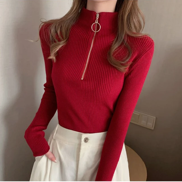 2022 Knitted Women Zipper High Neck Sweater Pullovers Turtleneck Autumn Winter Basic Women Sweaters Slim Fit Black Pull Femme Red