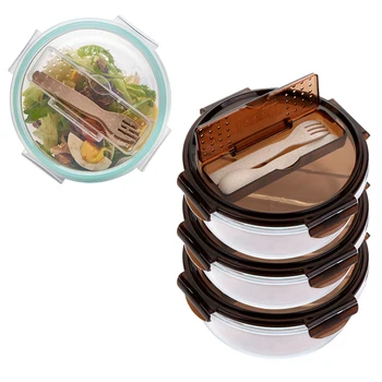 

Circular Glass Food Heated Container Meal Prep Refrigerator Microwave Oven Lunch Box With Layer And Spoons Fork Cutlery