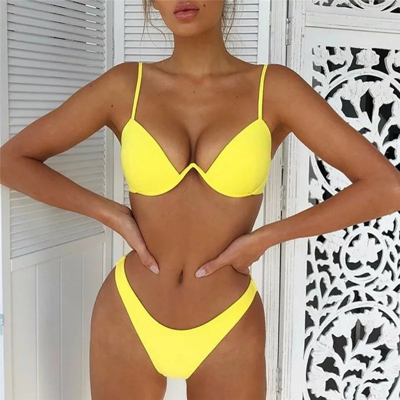 

2019 Sexy Women Solid Bikini Sets Summer Ladies Swimwear Push-Up Padded Bra Triangle 2Pcs Bathing Suits Swimsuit 6Colors S-XL