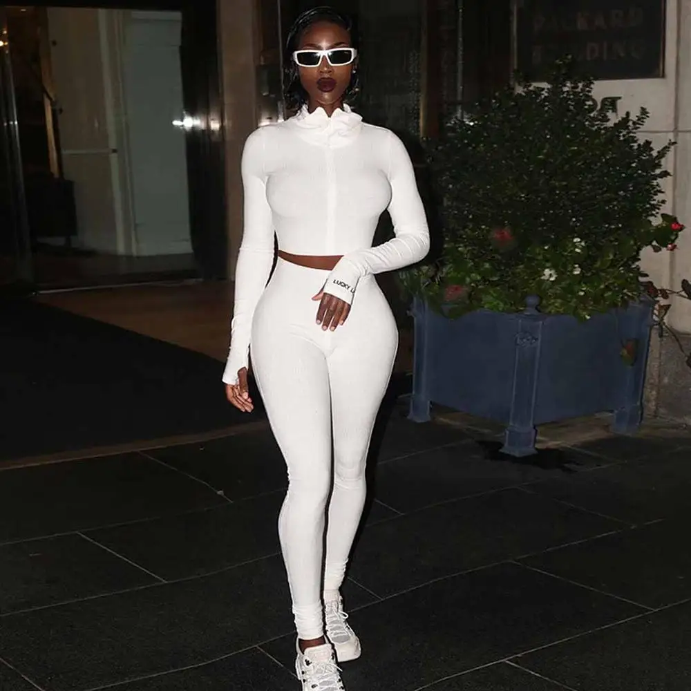 

2020 Women Two Piece Sportwear Zipper Long Sleeve Cropped Shirt Elastic High-Waist Pants Trousers Solid Color Knitted Tracksuit