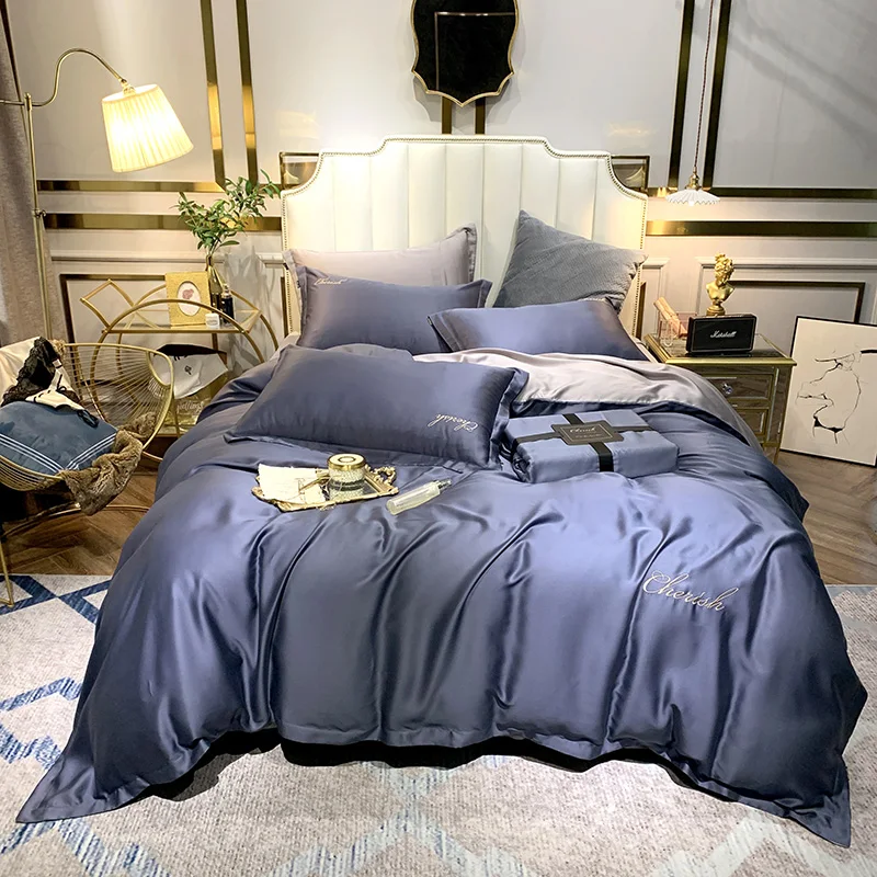

Word Embroidery super soft tencel Bedding Sets Queen King size Duvet cover Bed sheet/linen set Pillowcases