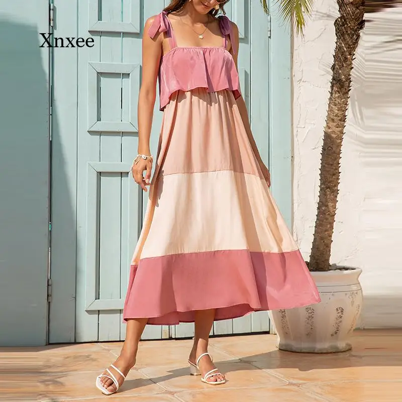 

Sexy Patchwork a Line Dress Tether Sling Contrast Color Tube Casual Lady Backless Summer Women Loose Swing Long Beach Dress