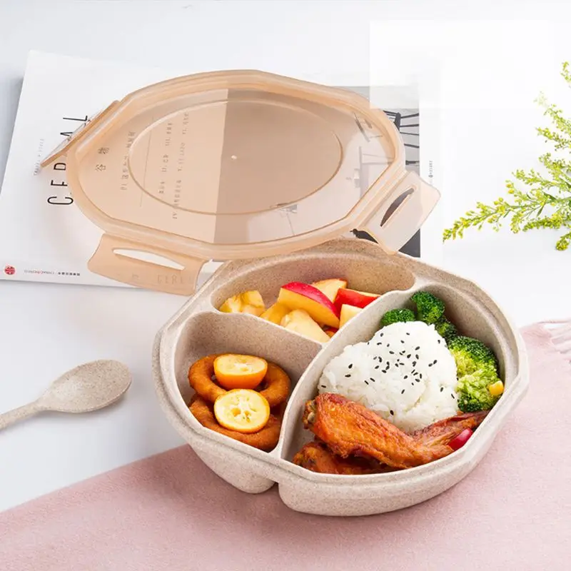 Creative Round Wheat Straw Lunch Box Case with Spoon Bento Box Square Tableware