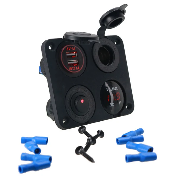 Car Yacht Modified Four-Hole Panel with Dual USB Car Charger Cigarette Lighter Plug Female Seat Plus Voltmeter Switch