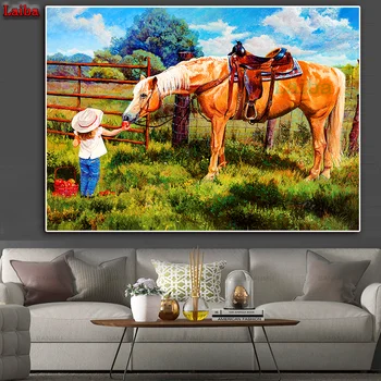 

DIY Diamond Painting Cross Stitch 5D Scenic Grassland Needlework Mosaic Kid Feed Horse Full Square Drill Diamond Embroidery
