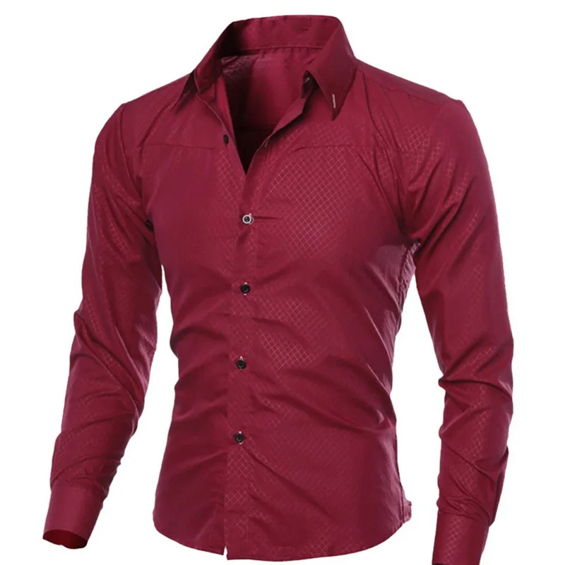 New Men's Slim Long Sleeve Shirt Autumn Fashion Plaid Dress Shirts Solid Color Slim Fit Large Size Shirt Casual Business Tops - Цвет: Красный