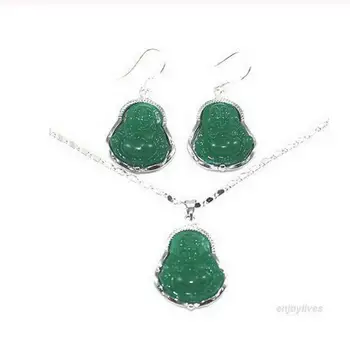 

Green Jade Laughing Buddha Amulet White Gold Plate Hook Earring Pendant Necklace set Natural jew