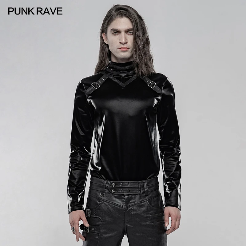

PUNK RAVE Men's Gothic Imitation Shark Skin Long Sleeve T-shirt Personality Handsome Punk Casual Black Tees Tops Streetwear