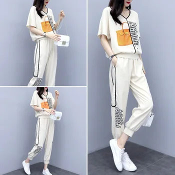 

BacklakeGirls 2020 Fashion Women's Ankle-length Pants Two-piece Sports Suit Women Short Sleeve T-shirt And Trousers
