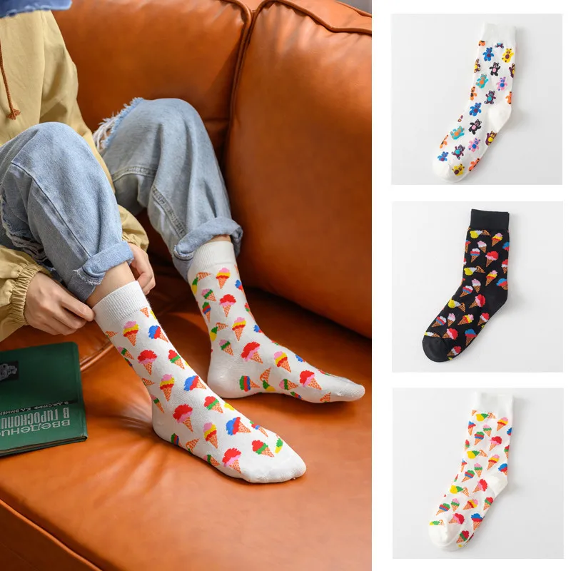 Сезон осень-зима, новые мужские и женские носки с мультяшным принтом, милые, высокие, японские, скейтборд, хип-хоп носки, дамские, уличные