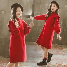 Зимние красные платья с длинными рукавами для девочек, новогоднее 160 14 лет