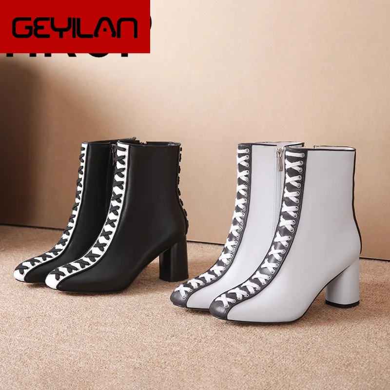 

2019 high heel boots autumn and winter women's boots hit color fashion thick with leather Martin boots side zipper Z072