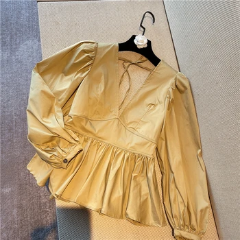 

Apricot Blouse Woman Spring Autumn Sweet Puff Sleeve Sexy V-neck Blouse Ladies Tops Blouse Women 2020 Blouses Tops Blusas
