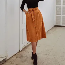 Осень зима Женская Вельветовая юбка до колена с высокой талией однобортная Повседневная однотонная коричневая узкая юбка L1118