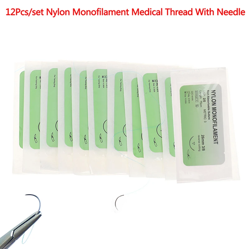 

12 Pcs/Set Medical Needle Suture Nylon Monofilament Thread Suture Practice Kit