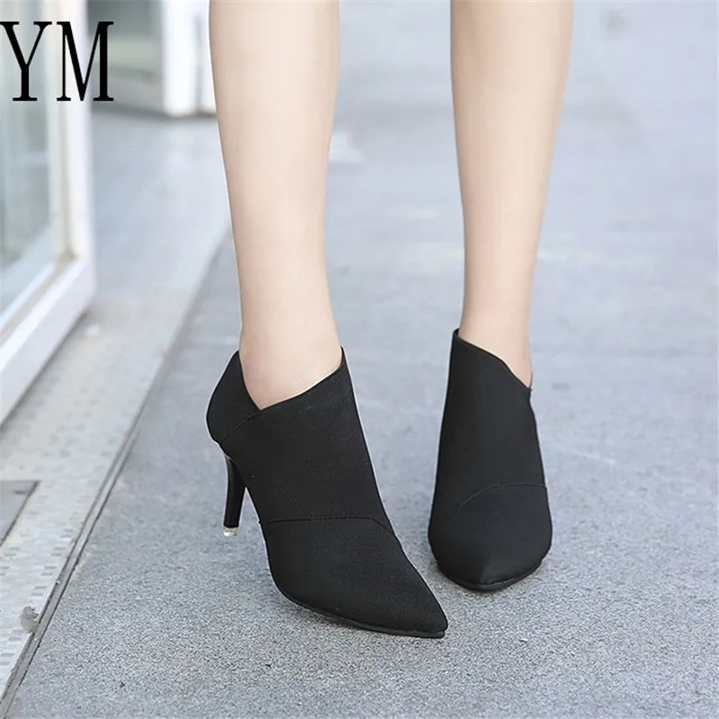 Grey Fashion Women High Heel Booties Large Size 34-41 Female High-Heeled Boots Young Ladies Booties 8.5cm Heel Cloth Boots