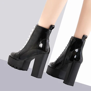 

Fashion Black Boots Women Autumn Lace-up Soft Patent PU Platform Shoes Woman Party Ankle Boots 11CM High Heels European Size 39