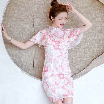 

2020 Chinese Tradition Dresses Summer Cheongsam Girl Qipao New Year Cute Flower Cheongsam Qipao Short Plus Size Women Clothing