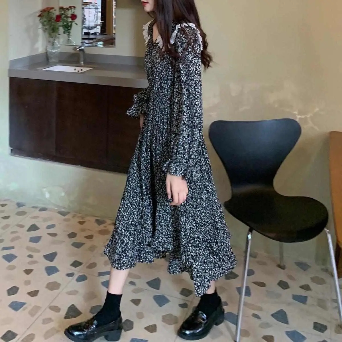 Long Sleeve Dress Women Floral Girls Vintage College Vacation Mid-calf Vestido All-match Soft Popular Newest Stylish Lace Ins wedding guest dresses