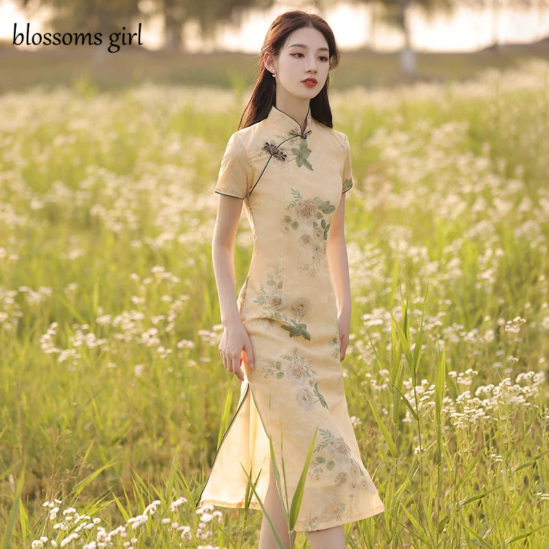 Floral Qipao Women's Traditional Chinese Cheongsam Dresses Vestido Printing Stand Collar Short Sleeve Elegant Retro Plus Size