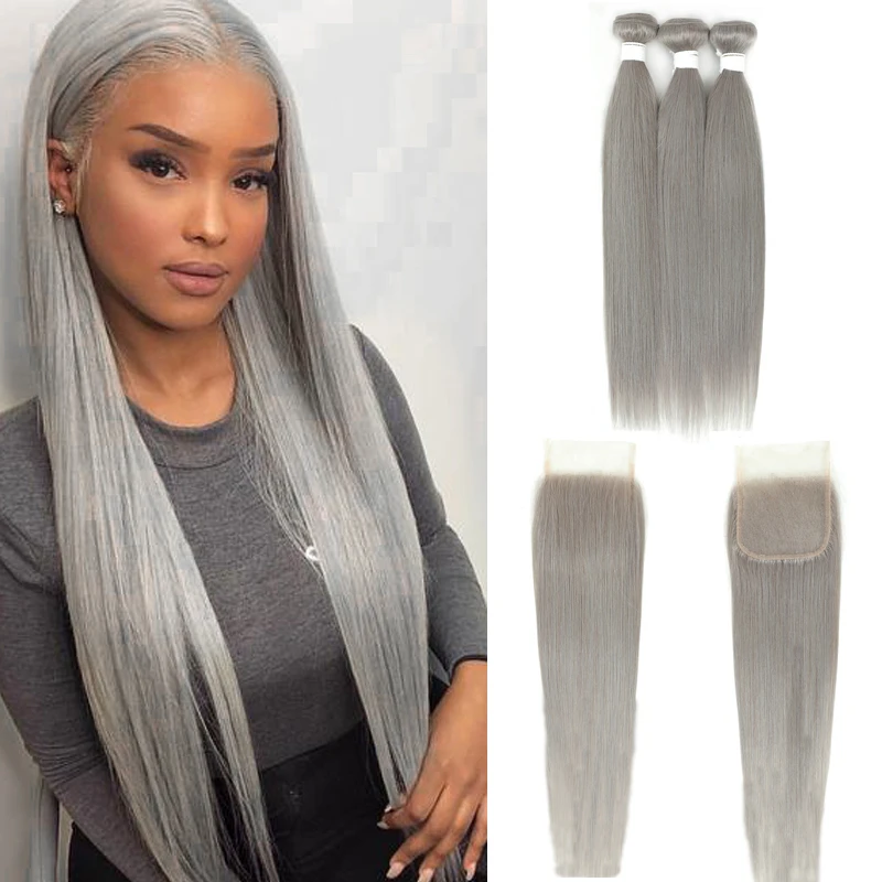 Brazilian Straight Bundle With Closure 4x4 Silver Grey Color 3 Bundles With Closure Gray Non-Remy 100% Human Hair Bundles KEMY