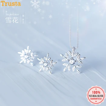 

Trusta 100% 925 Solid Real Sterling Silver 9mmX9mm Snowflake Stud Earring Pendant Short Necklace For Girl Women Jewelry DS1144