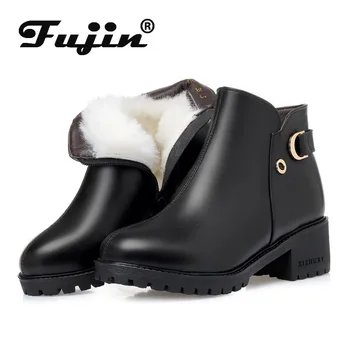 

Fujin Snow Boots Wool Women Warm Shoes Plush Ankle Fashion Flat Bottom Genuine Leather Fur Boots Platform Women Winter Boots