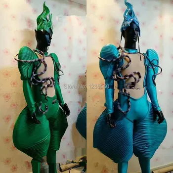 

Cosplay party theme wears stage show costume singer dress bodysuit disco rave outfits club show dress clothe green jumpsuit