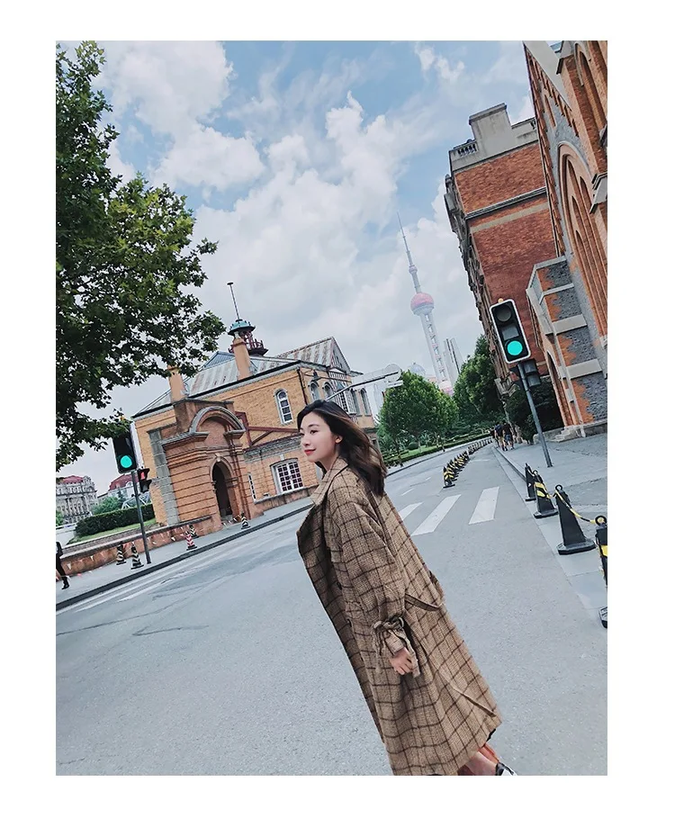 Шикарное шерстяное пальто в клетку кофейного цвета в стиле ретро для фотосессии, женское облегающее однобортное длинное пальто INS