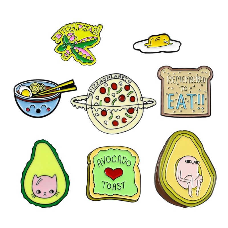 

Cute Cat Fruit Pizza Bean Bear Toast Bread Brooch Avocado Egg Expression Life Pin Shirt Denim Enamel Badge Child and Family Gift