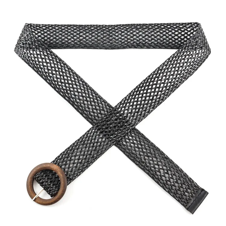 New Vintage Knitted Wax Rope Wooden Bead Waist Rope Women Smooth Buckle Belt Woman Woven Female Hand-Beaded Braided Belt BZ61