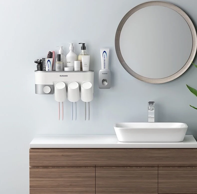 

toothpaste dispense bathroom Inverted Toothbrush Holder Automatic Toothpaste Dispenser Storage Rack Bathroom Accessories