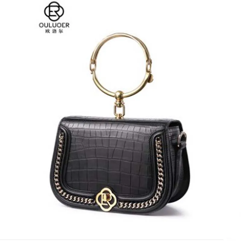 

ouluoer New Nile crocodile skin Women's bag chain bag saddle bag single shoulder cross slung ring bag