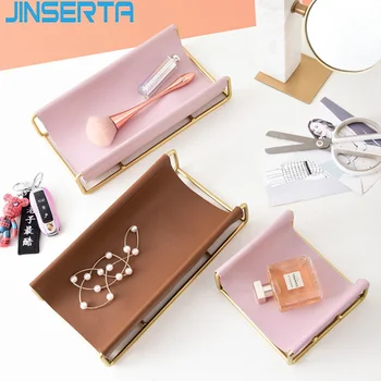 

JINSERTA Metal Storage Tray Jewelry Display Plate Cosmetic Organizer Desktop Sundries Decor Tray with PU Leather Pad