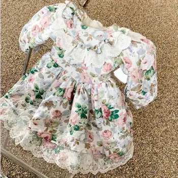 

2020 autumn Winter baby Girls Floral Ruffled Retro princess dress Large Lapel Thicken Cotton Dress